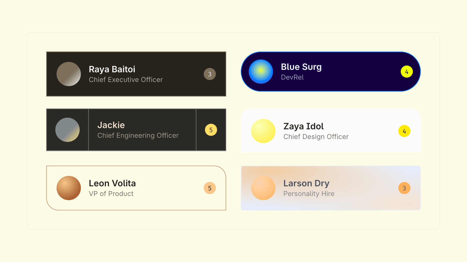 Six name plates from The color of water, each wearing a different palette: dark slabs, a glowing blue pill, a white card on yellow, a pale gradient, every one holding a portrait, a name and a role.
