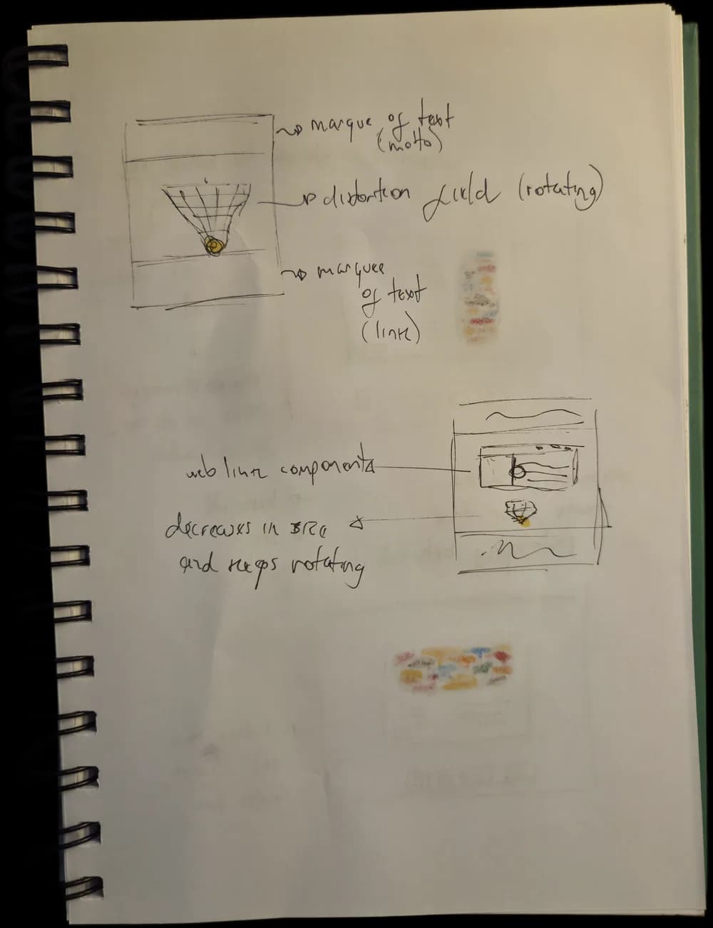 A sketchbook page with a funnel-shaped grid holding a yellow ball, labelled a rotating distortion field between two marquees of text, one for a motto and one for a link. Below, a second frame shows a web link component, with the field shrunk beneath it and still rotating.