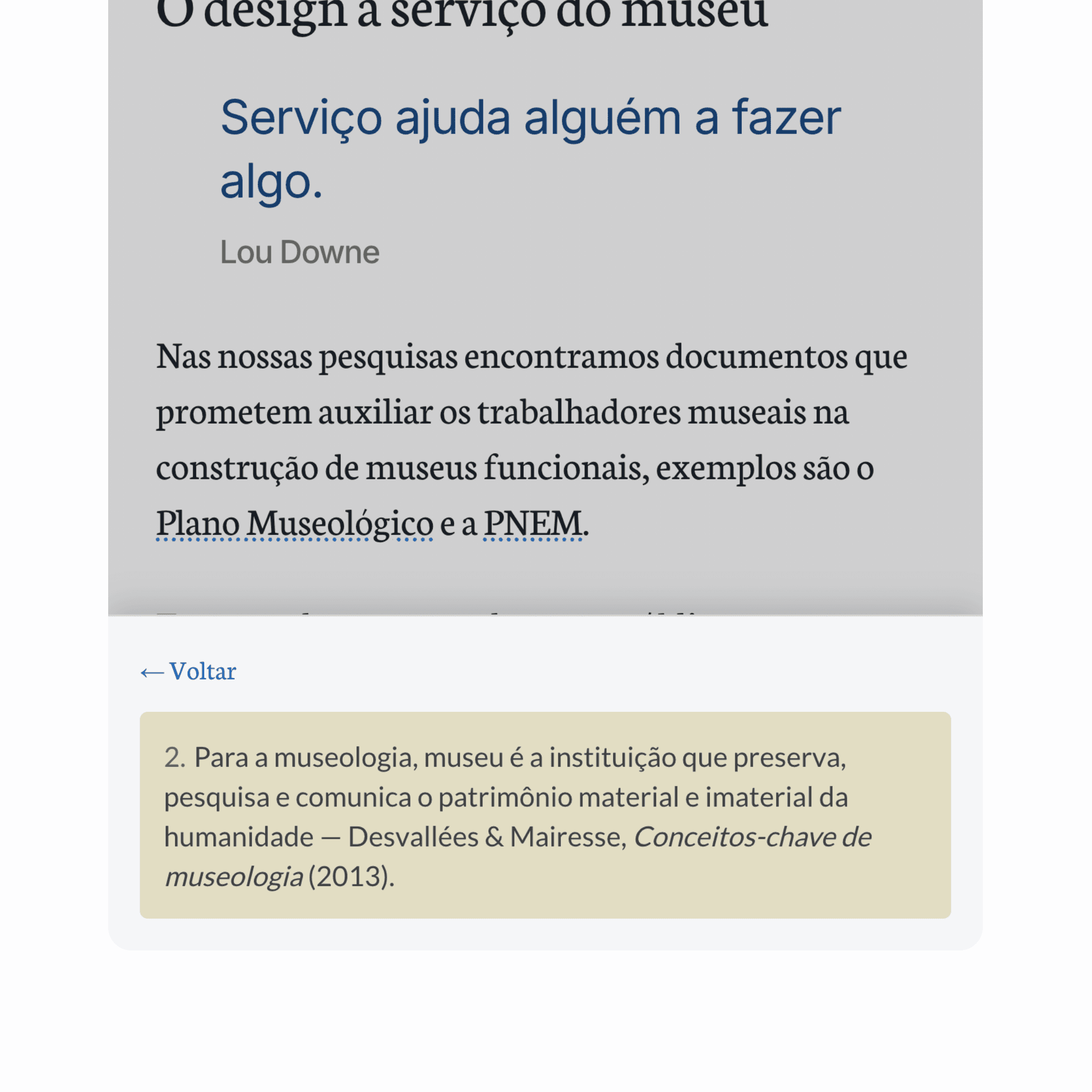 The same site on a phone: the article dimmed behind a drawer that has slid up from the bottom, carrying a back link and the full text of note two.